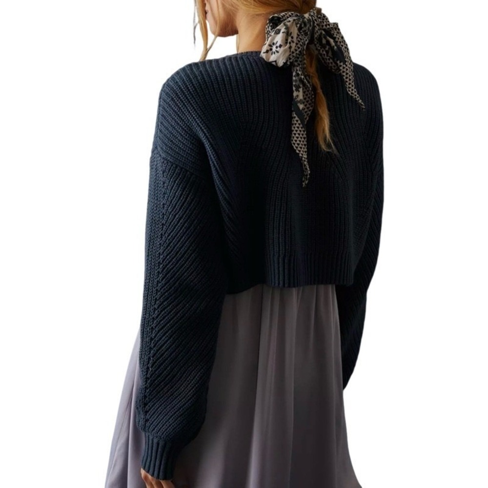 ANTHROPOLOGIE XS Cropped Sweater Charcoal Gray Chunky Shaker Knit Boho Boxy Fall